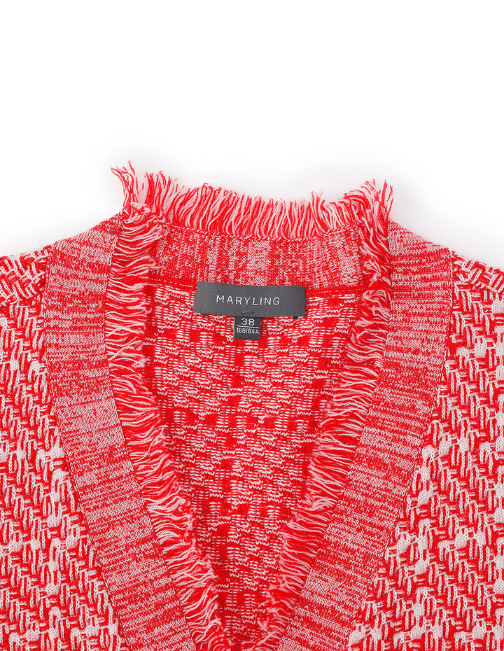 MARYLING  V-Neck Red And Pink Plaid Elegant Knitted Cardigan