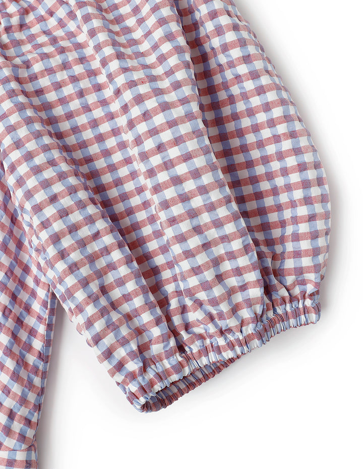 MARYLING Light Purple Checkered V-Neck Puff Sleeves Bowknot Decorated Dress