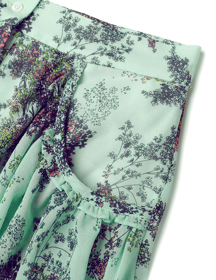 MARYLING Light Green Summer Jungle Small Floral Print Skirt With Ruffle Edge