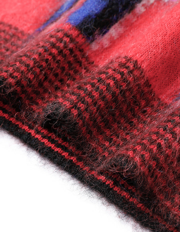 MARYLING Lapel Red And Blue Puzzle Knit Sweater
