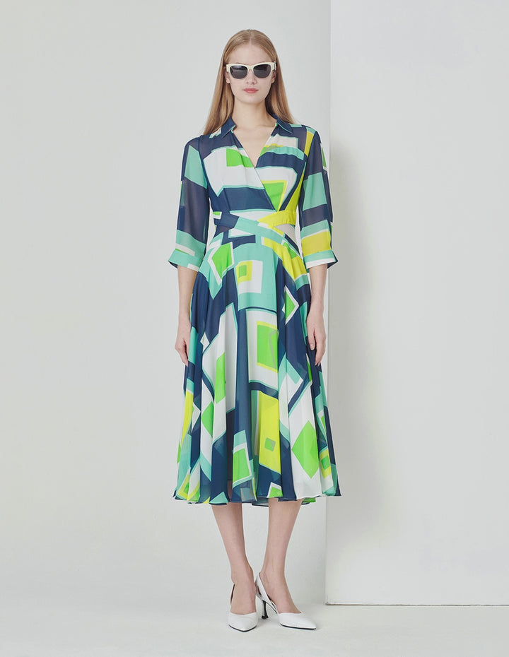 MARYLING Colourful Holiday Puzzle Art Plaid V-Neck Big Swing Georgette Dress