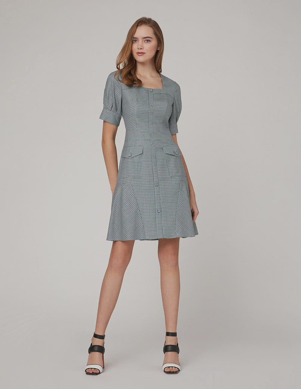 MARYLING Blue white square collar waist A swing houndstooth dress