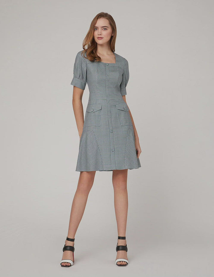 MARYLING Blue white square collar waist A swing houndstooth dress