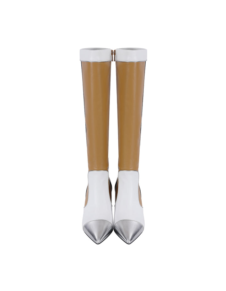 MARYLING Black And Beige Colour Matching Pointed Toe Stiletto Heeled Sheepskin Boots