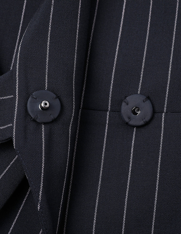 MARYLING  Blue Bottom White Striped Lapel Wrap Detail Striped Suit Jacket