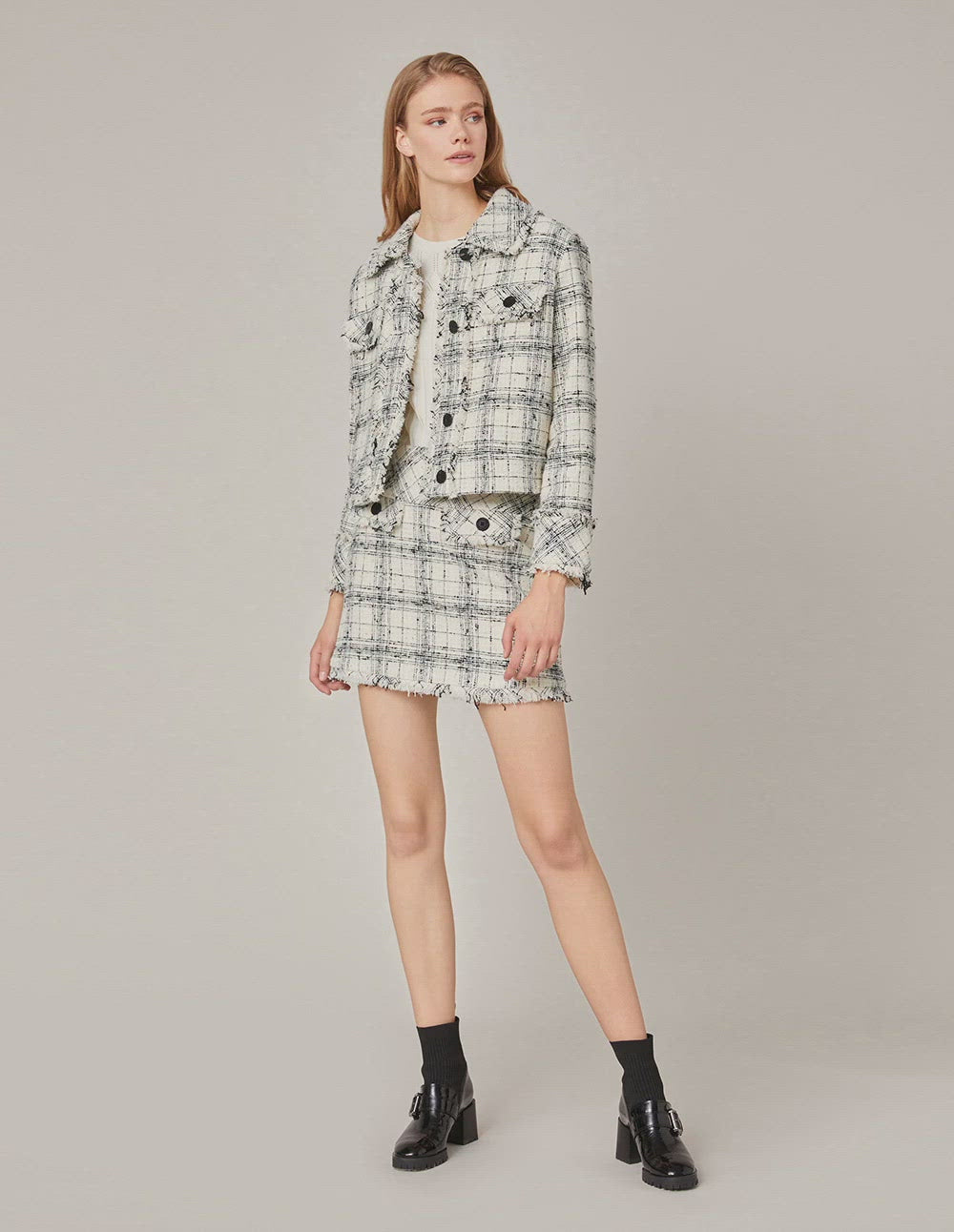 MARYLING PLAID TWEED FRINGE HEM MINI SKIRT