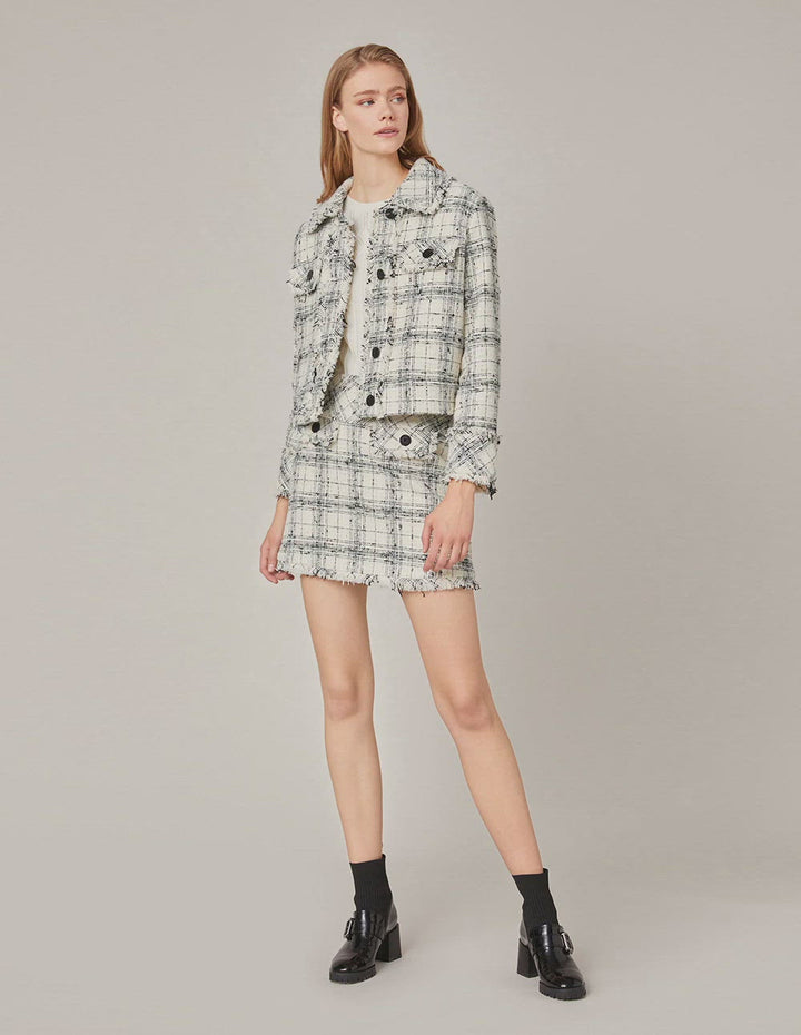 MARYLING PLAID TWEED FRINGE HEM MINI SKIRT