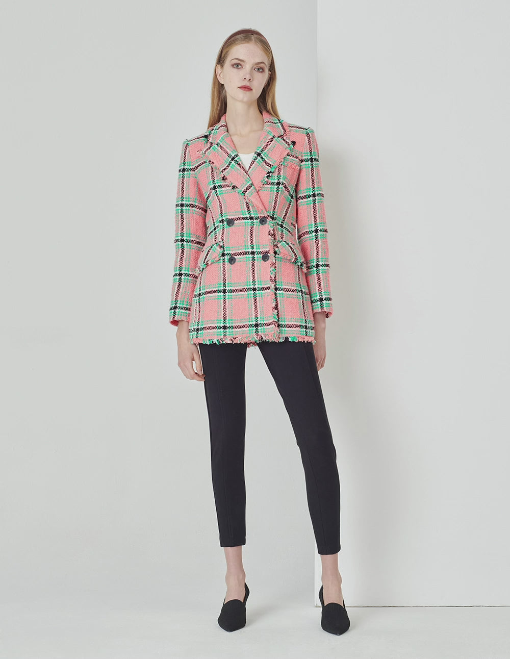 MARYLING Lapel Collar Pink And Green Plaid Double-Breasted Retro Blazer