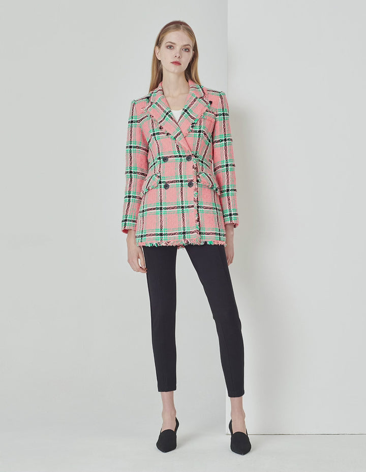 MARYLING Lapel Collar Pink And Green Plaid Double-Breasted Retro Blazer