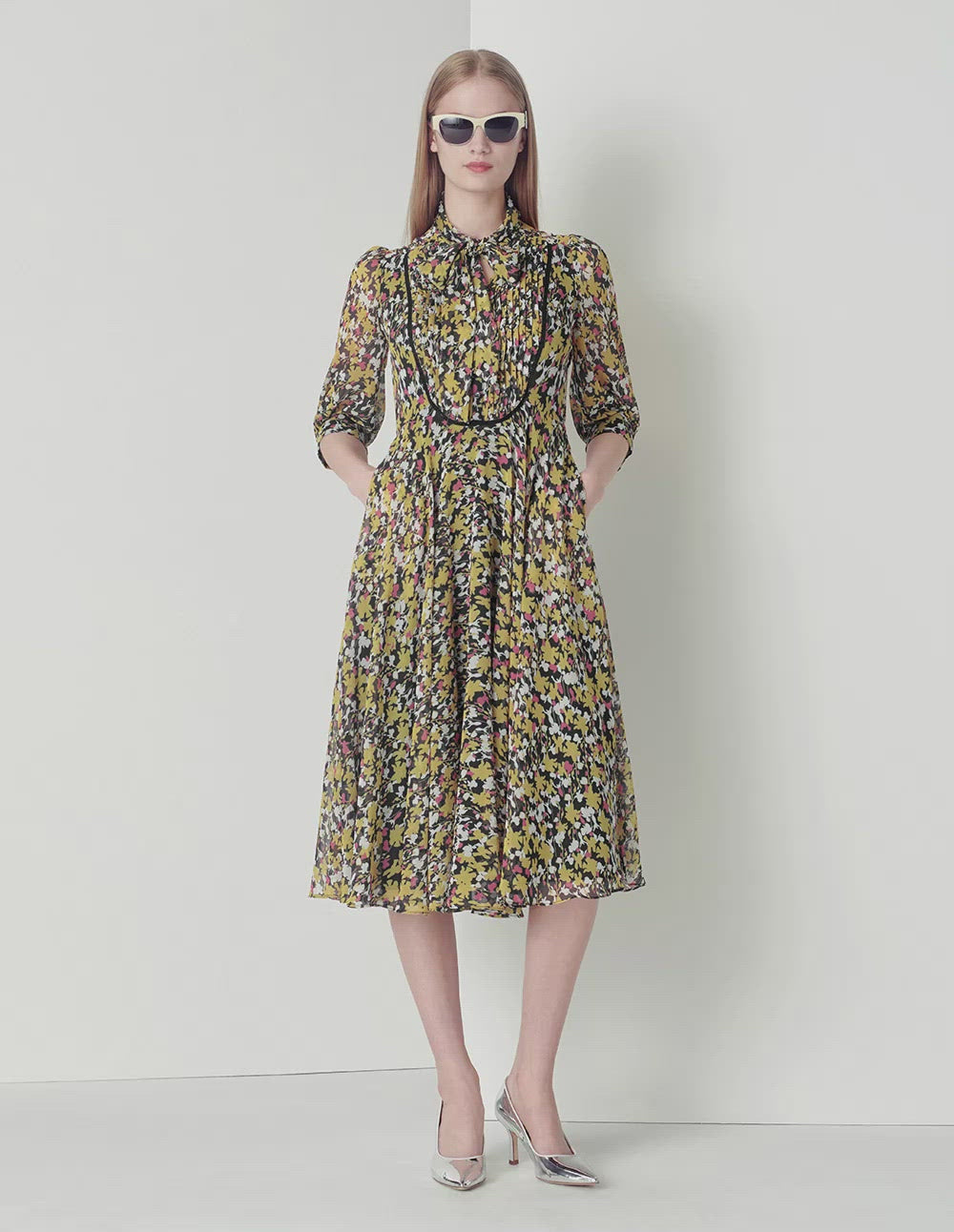 MARYLING V-Neck Tie Puffed Sleeves Print Dress