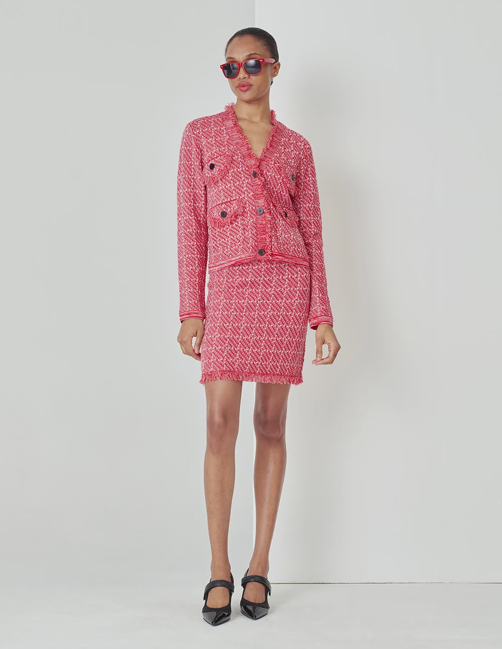 MARYLING  V-Neck Red And Pink Plaid Elegant Knitted Cardigan