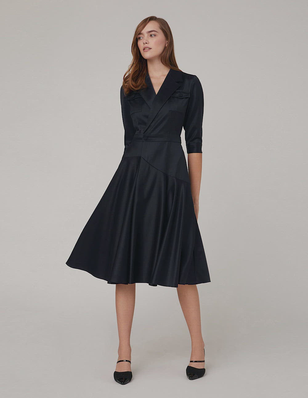 MARYLING Notch Lapel Asymmetrical Flared Dress
