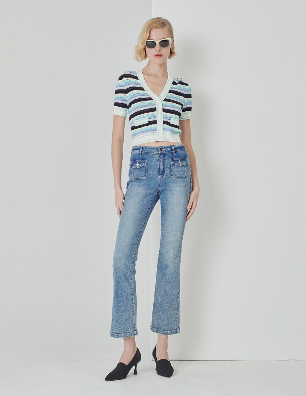 MARYLING Blue-Green V-Neck Knitted Cardigan