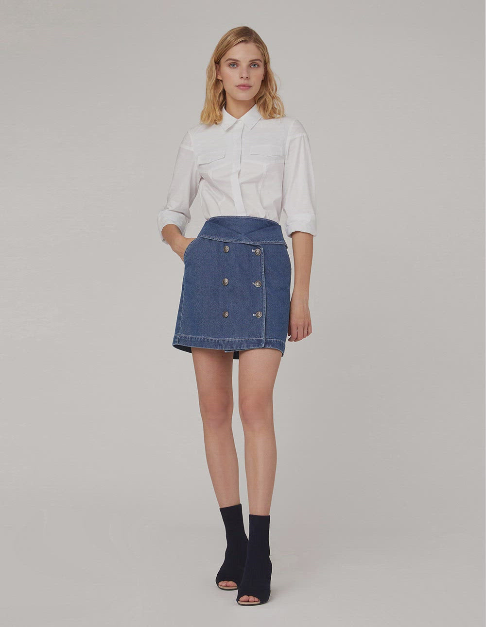 MARYLING METAL BUTTON DOUBLE-BREASTED DENIM SKIRT