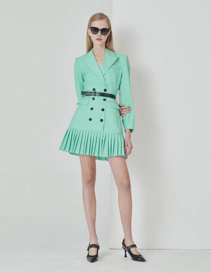 MARYLING Milk Blue Pleated Stitched Suit Collar Dress