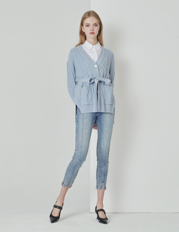MARYLING Foggy Blue V-Neck Tied Waist Double Bag Knitted Cardigan