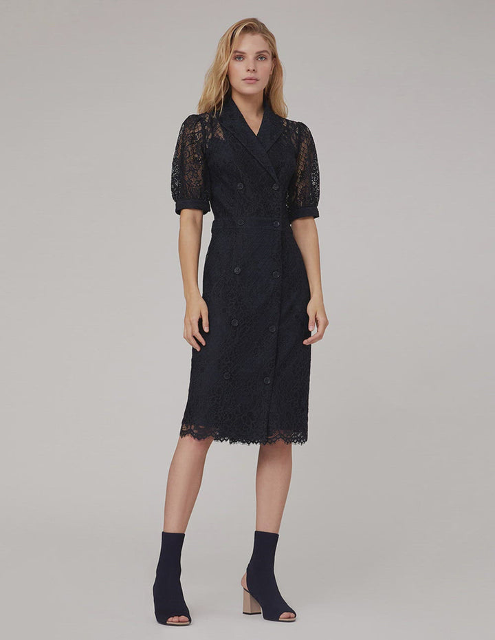 MARYLING Peak-Lapel Midi Lace Dress