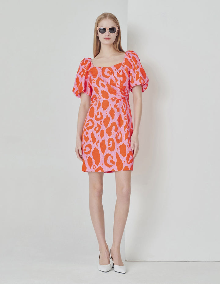 MARYLING Square Neck Puff Sleeve Jacquard Dress