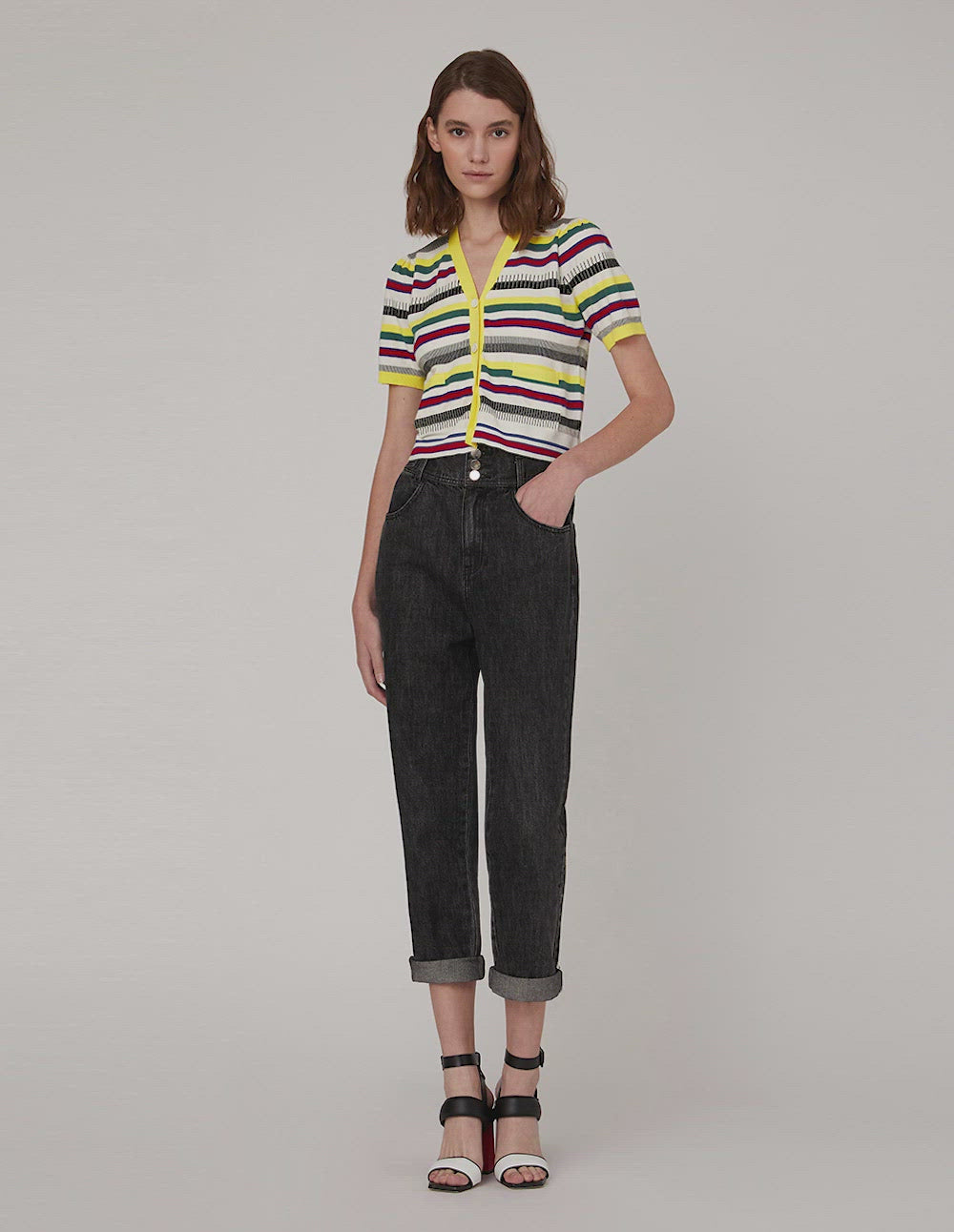 MARYLING V-Neck Striped Cropped Cardigan