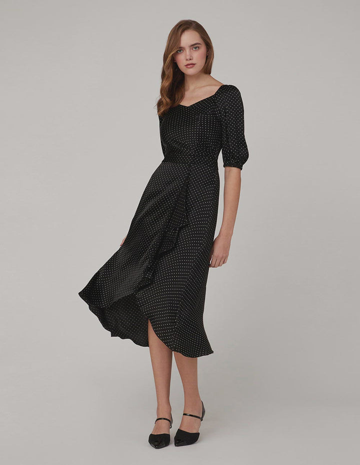 MARYLING V Neck Black Polka Dot Dress