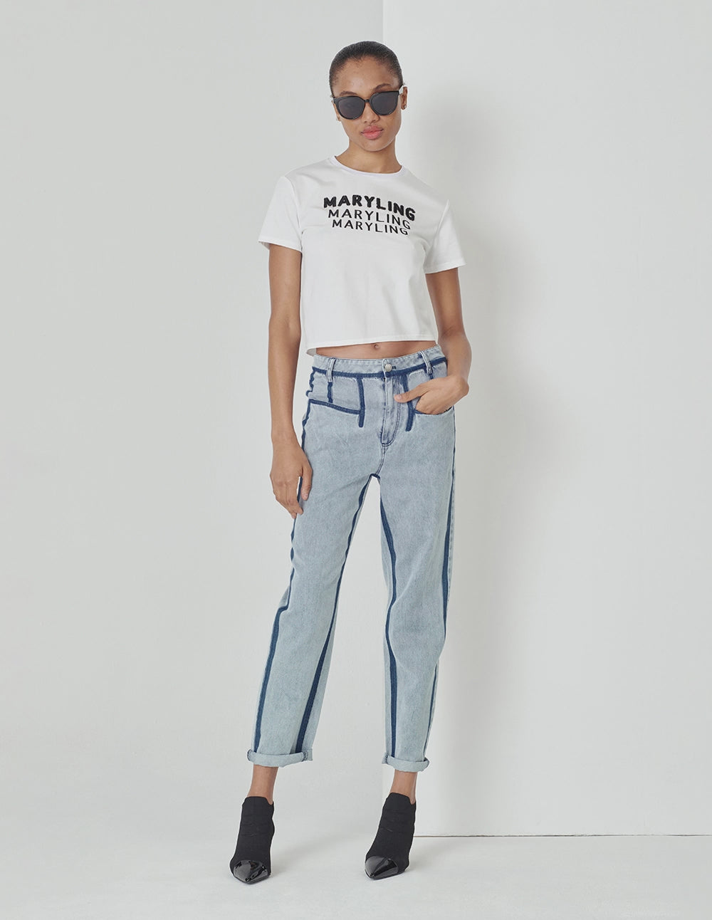 MARYLING Contrast Striped Denim Cropped Pencil Pants