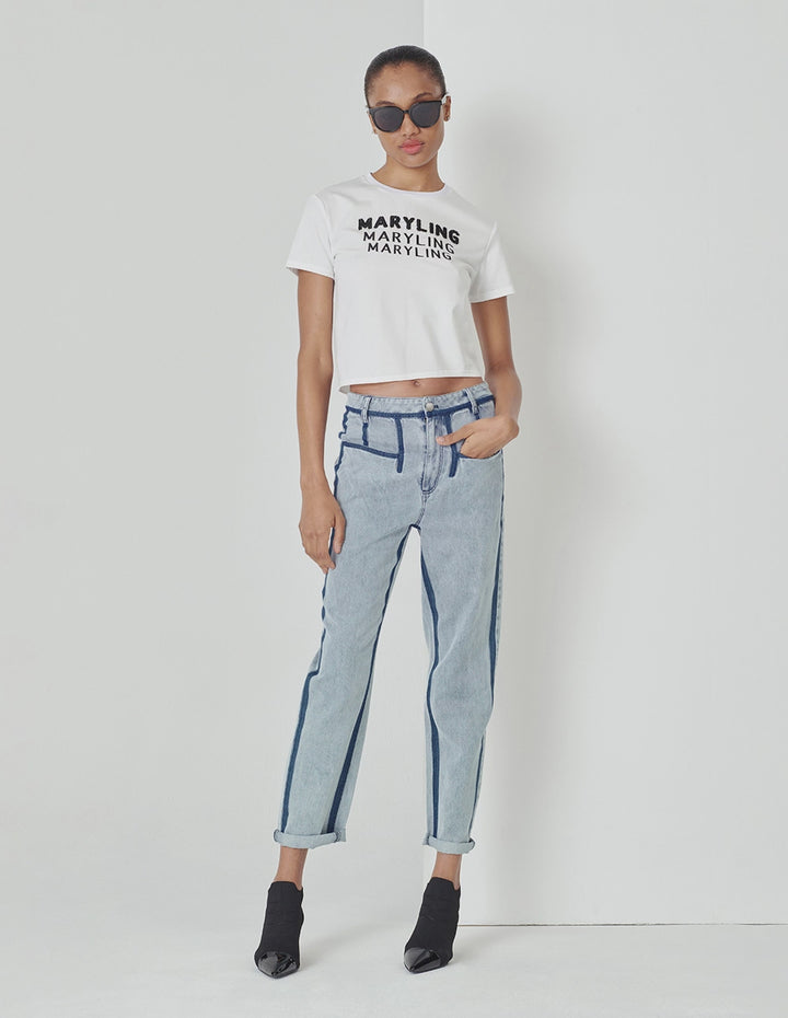 MARYLING Contrast Striped Denim Cropped Pencil Pants
