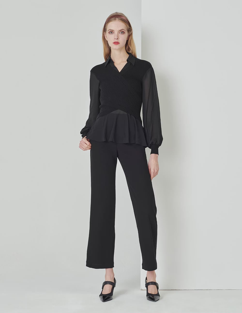 MARYLING  Classic Black Shirt Collar A Line Knitted Top